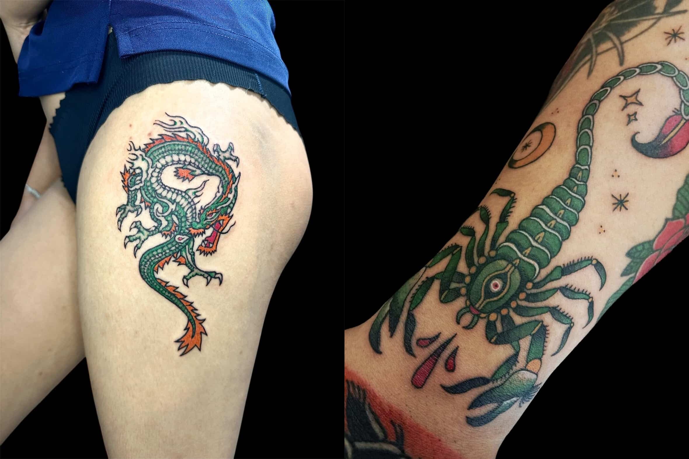 Colorful tattoos by Dim at Uncanny Ink